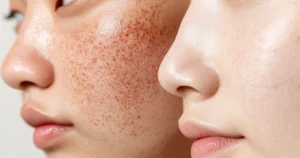 Brown and Red Spots Treatment in East Greenwich, RI – before and after skin comparison showing pigmentation differences.