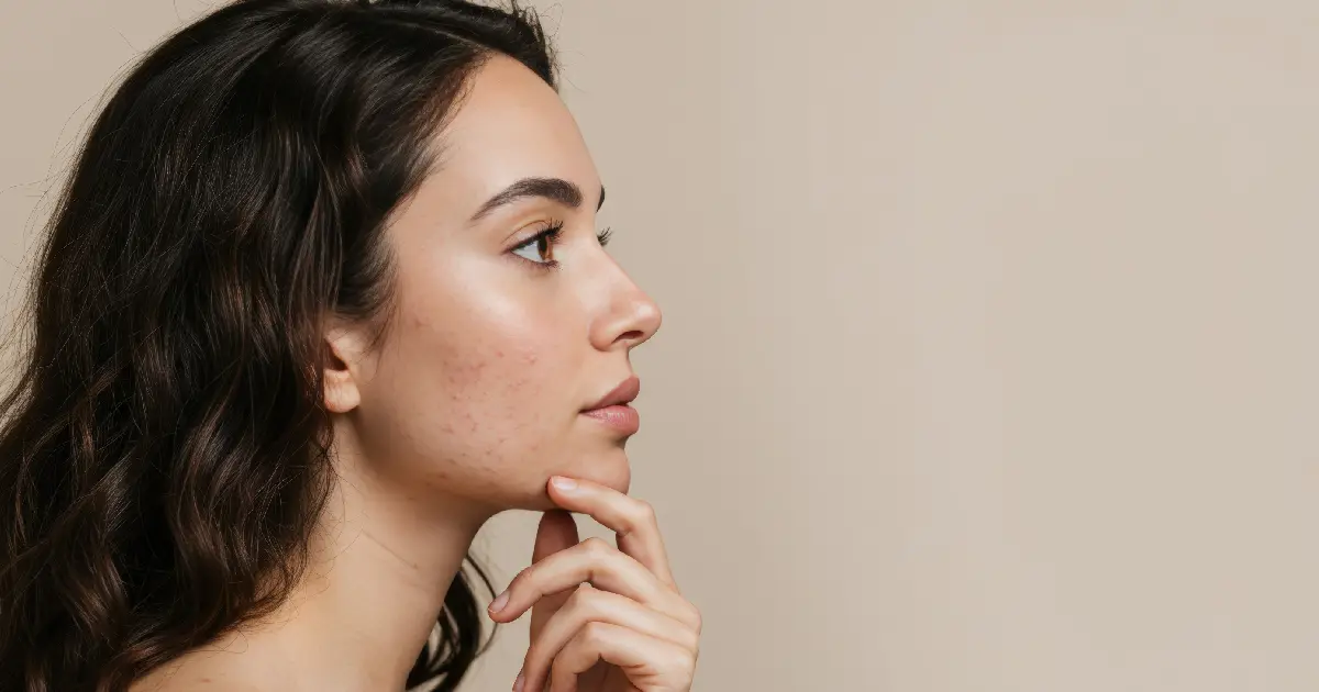A woman with red acne scars needs acne scar treatment in East Greenwich, RI